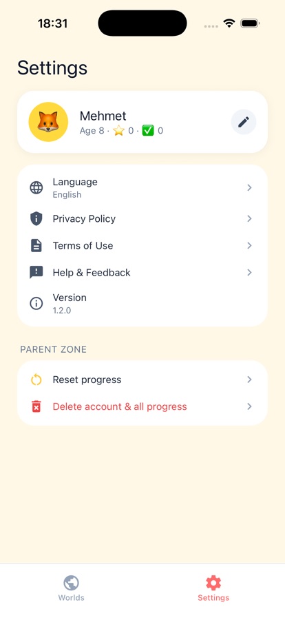 Kidstronic settings screen listing the app's options