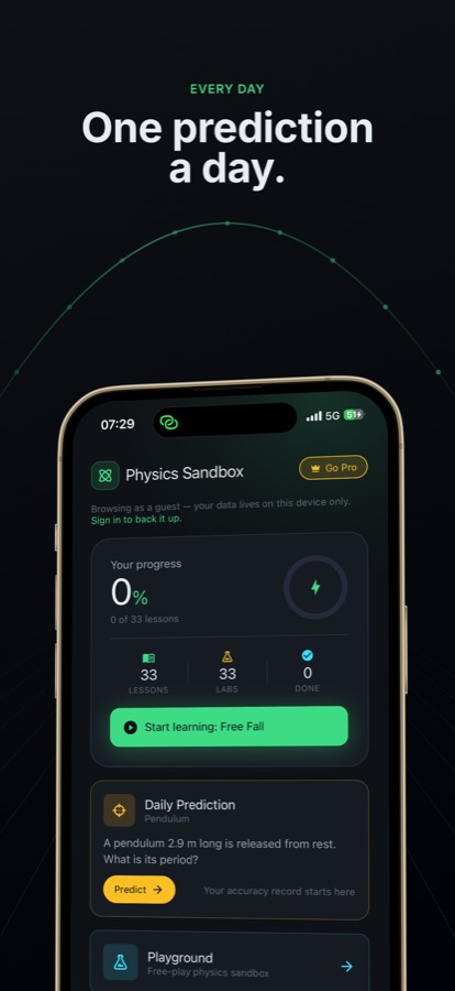 Home screen with lesson progress, daily prediction about a pendulum and the playground