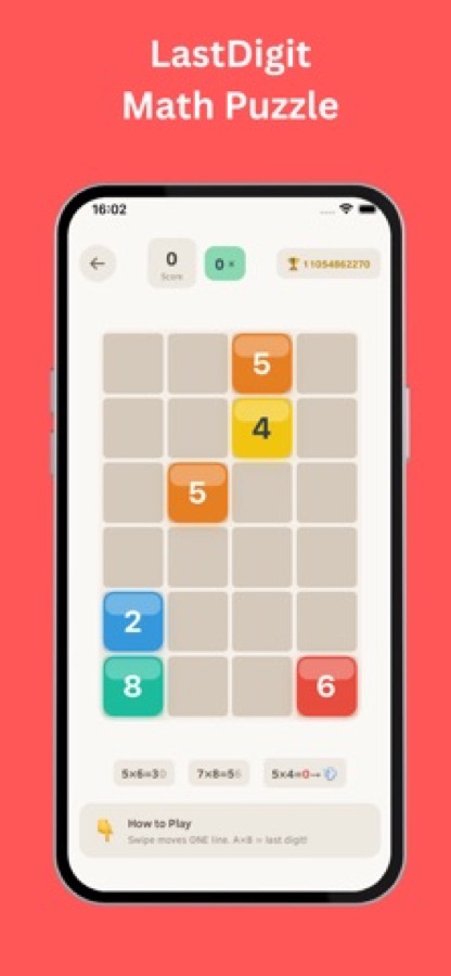 LastDigit game board with orange, yellow, blue, green and red numbered tiles, a score, a high score and a how to play hint