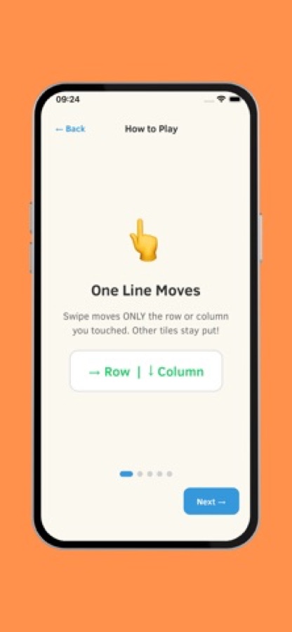 How to Play screen titled One Line Moves explaining that a swipe moves only the row or column you touched