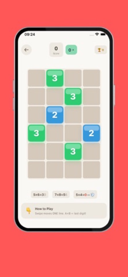 A sparse LastDigit board with a few green and blue tiles and the how to play hint below