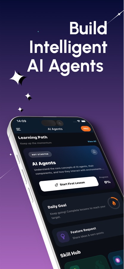 الشاشة الرئيسية لتطبيق Learn AI Agents باللغة العربية، وتعرض بطاقة دورة وكلاء الذكاء الاصطناعي مع 239 درسًا، وهدفًا يوميًا للدرس، وعدًّا تنازليًا لتحدي World Coding Challenge، وزرَي Ask Mentor وGenerate Your Lesson