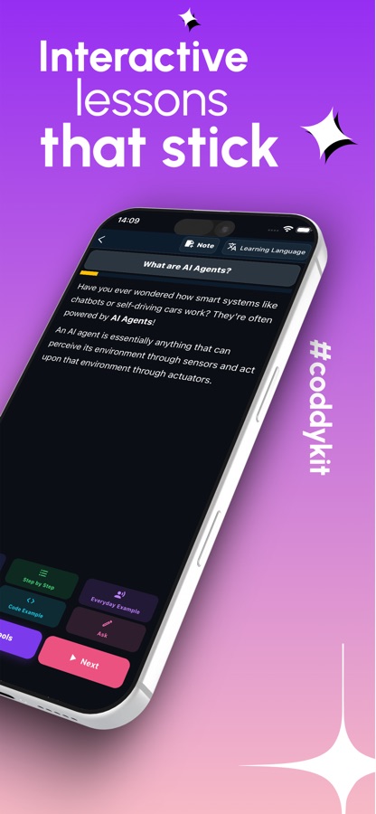 شاشة درس بالعربية بعنوان «ما هو الوكيل القائم على LLM؟» تتضمن مقدمة من AI Mentor وأزرارًا سريعة للحصول على شرح مبسط أو شرح خطوة بخطوة أو مثال من الحياة اليومية