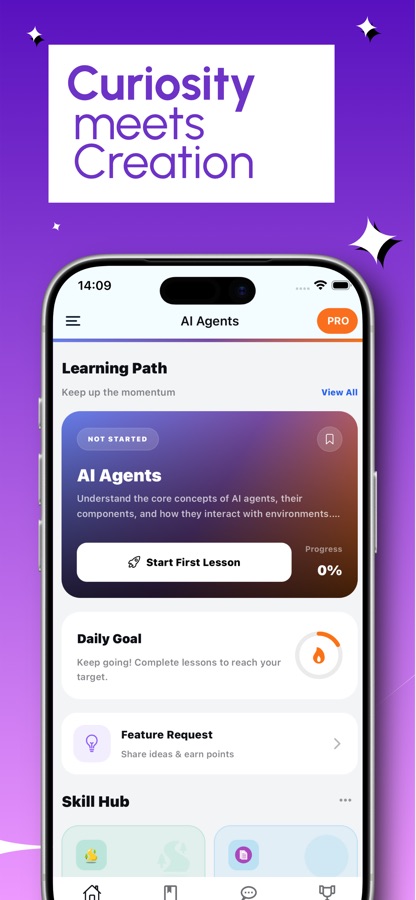 Learn AI Agents home screen with the AI Agents course card, Start First Lesson, a daily goal ring, a Feature Request row and the Skill Hub