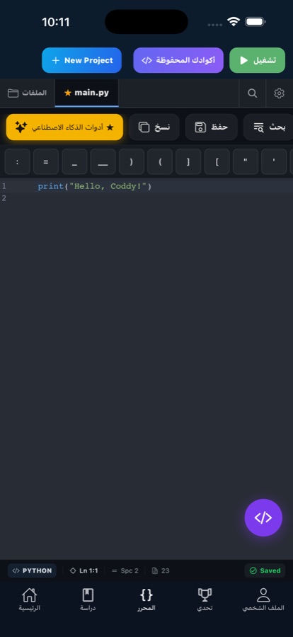 Code editor screen where AI code is written and run on the phone