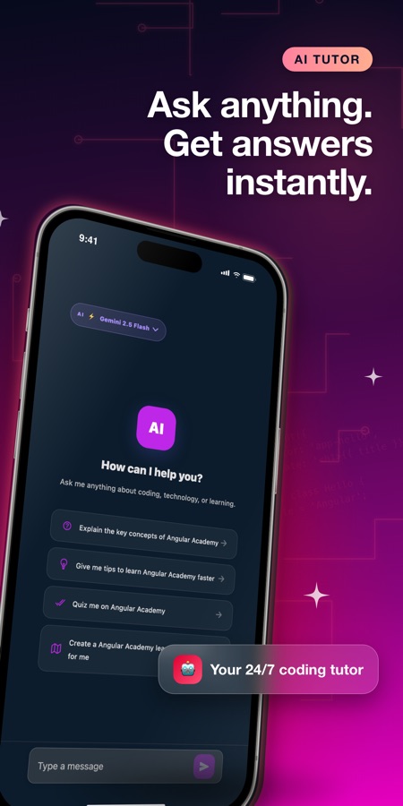 AI chat screen asking How can I help you, with suggested prompts to explain key concepts, give tips, quiz you and create a learning roadmap