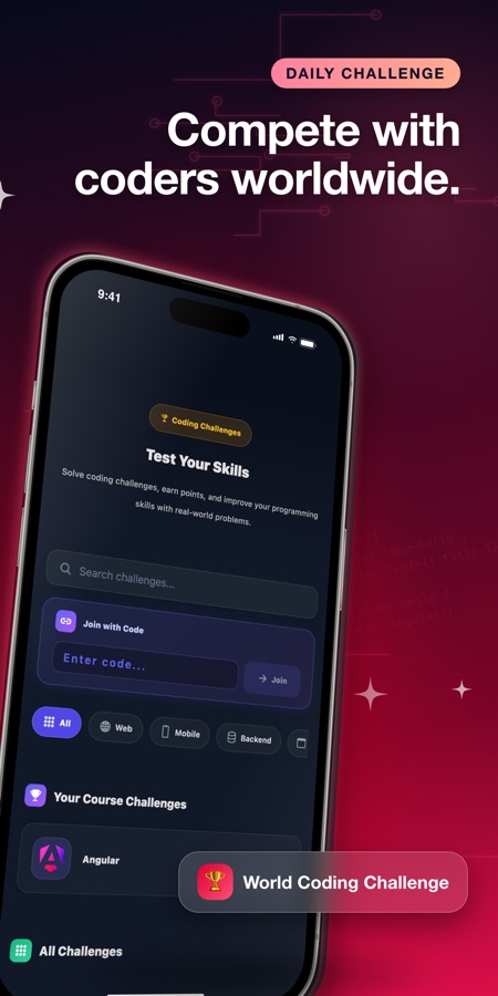 Coding Challenges screen with a challenge search, Join with Code, category filters and the active Angular course challenge