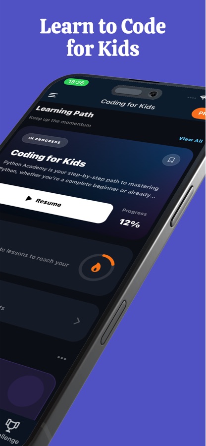 Learning path card titled Coding for Kids marked in progress at 12 percent with a Resume button