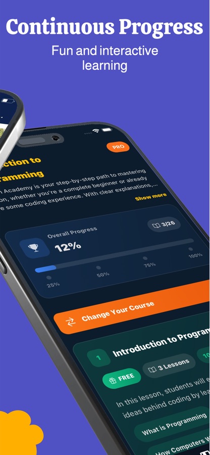 Introduction to Programming course screen with overall progress at 12 percent, three of 26 lessons done and a free first lesson