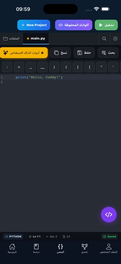 Code editor screen where code is written and run on the phone