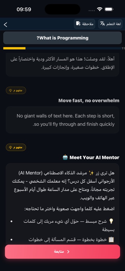 Lesson screen showing a short programming explanation with practice below it