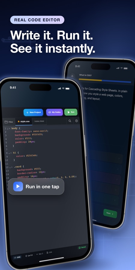Code editor with style.css open showing body, h1 and .card rules, next to an index.html tab, with New Project, My Codes and Run buttons