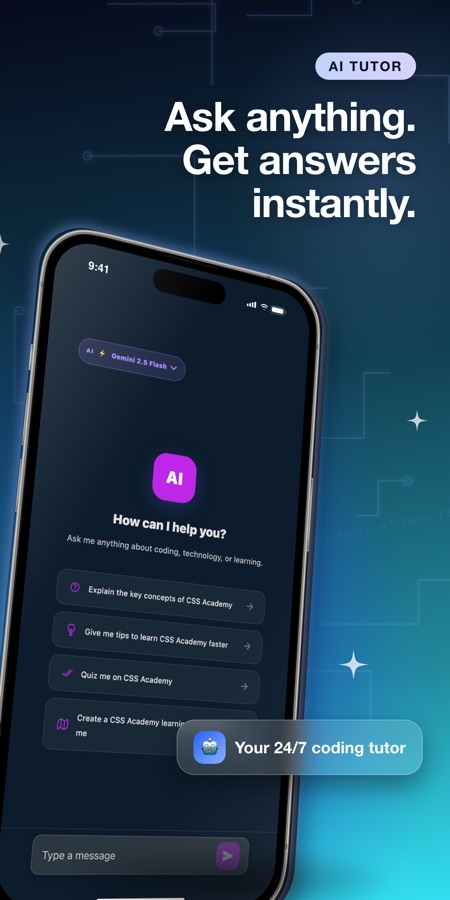 AI chat screen asking How can I help you, with suggested prompts to explain key concepts, give tips, quiz you and create a learning roadmap