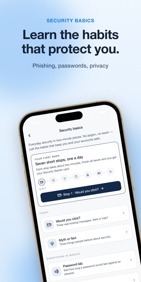 Security Basics screen with a seven-stop first week, today's Would you click? and Myth or fact exercises and a Password lab