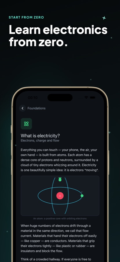 Lesson screen titled What is electricity with an atom diagram