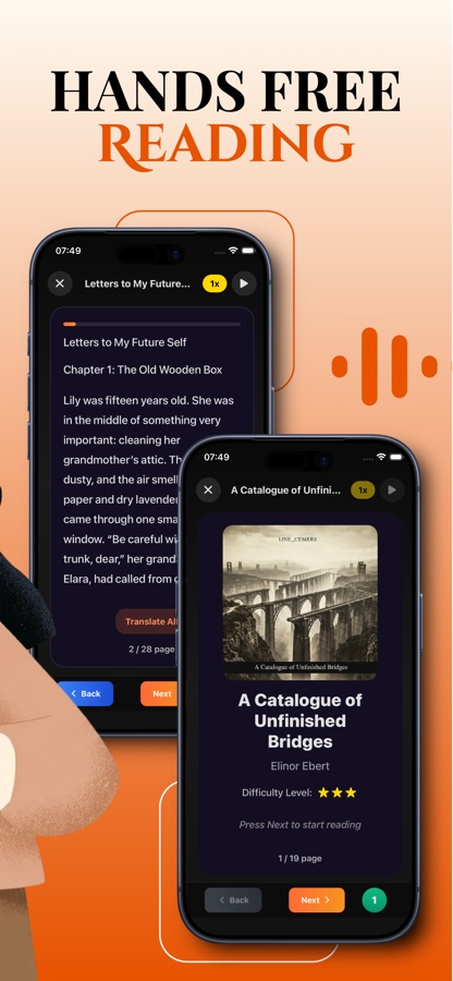 Capture d’écran de la boutique titrée « Lisez les mains libres », montrant une page d’histoire avec un bouton de lecture, un réglage de vitesse à 1x et un bouton « Tout traduire », ainsi qu’un second téléphone affichant une couverture de livre et un bouton « Suivant »