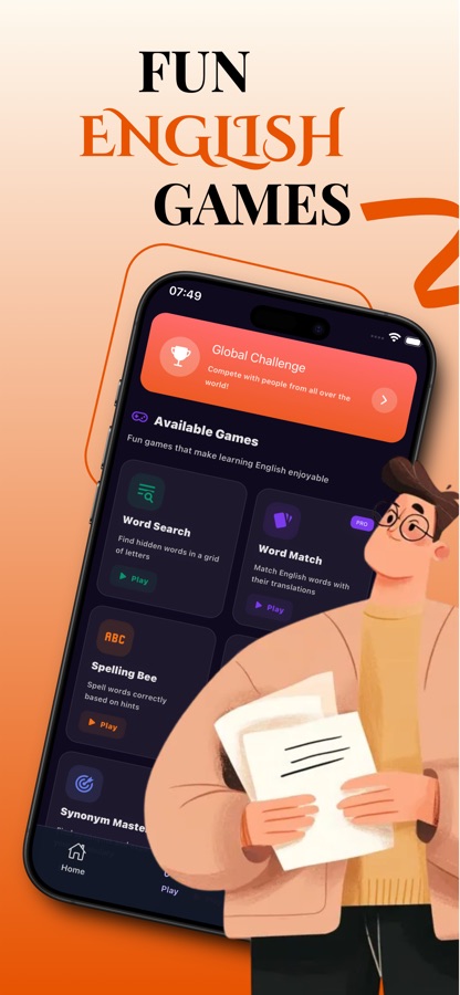 Capture d’écran de la boutique titrée « Des jeux d’anglais amusants », montrant une bannière « Défi mondial » et des cartes de jeu pour la Recherche de mots, l’Association de mots, le Bee spelling et le Maître des synonymes