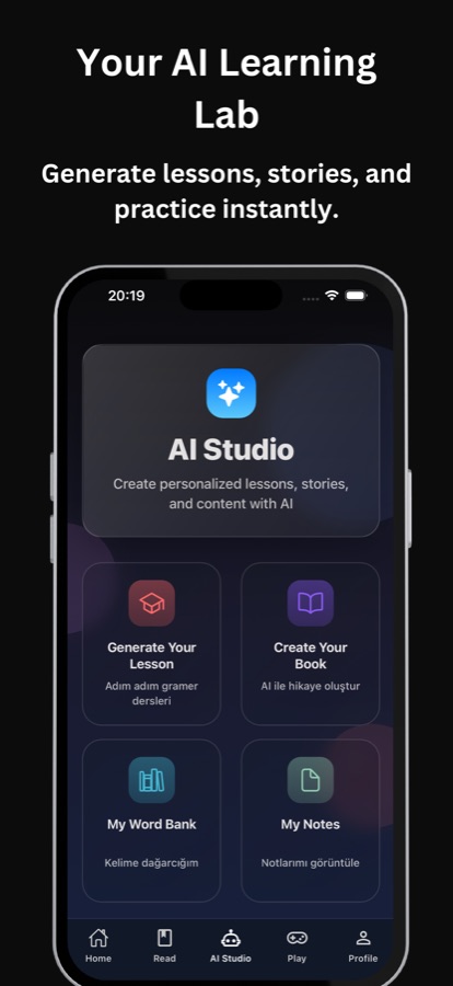 AI Studio स्क्रीन, जिसमें Generate Your Lesson, Create Your Book, My Word Bank और My Notes टाइलें हैं