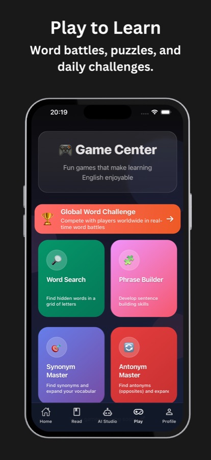 Game Center में Global Word Challenge, Word Search, Phrase Builder, Synonym Master और Antonym Master