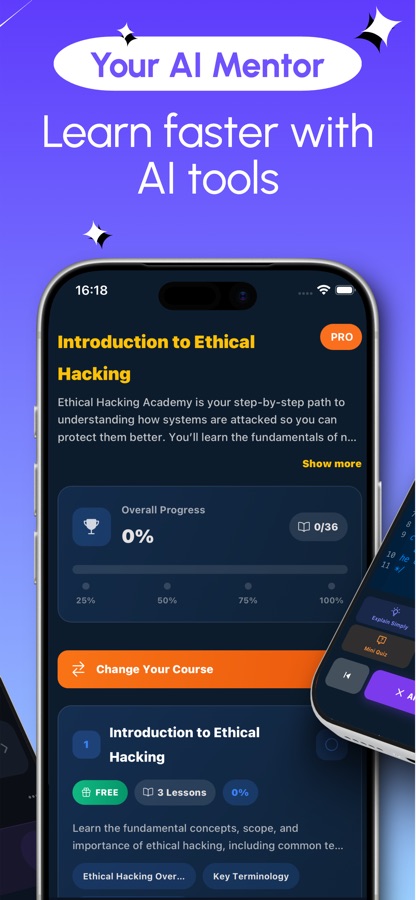 Introduction to Ethical Hacking course overview with progress and a free first lesson