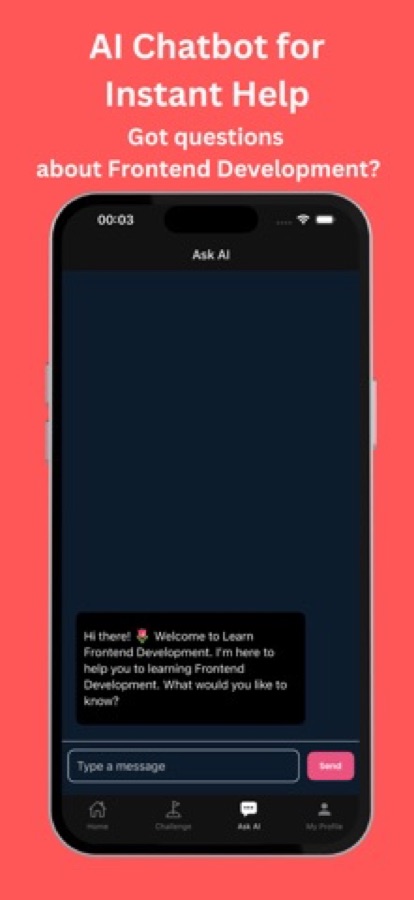 Chat con l'IA che accoglie chi sta imparando e offre aiuto sulle domande relative allo sviluppo frontend
