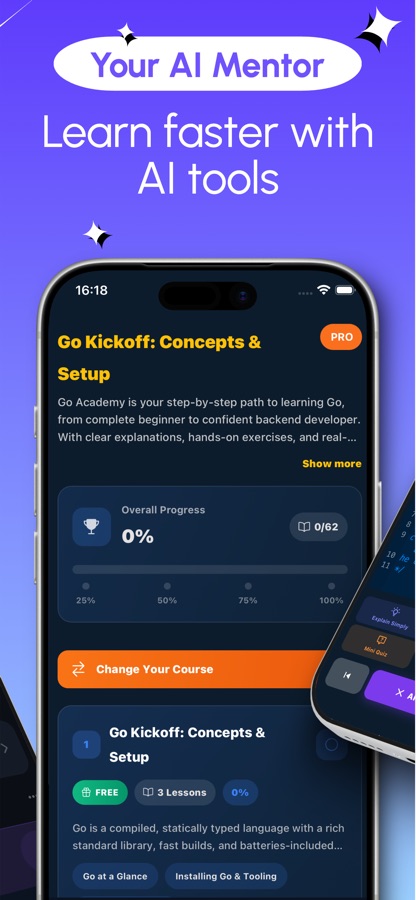 Panoramica del corso Go Kickoff Concepts and Setup con una barra di avanzamento, un primo gruppo di lezioni gratuito e un pulsante Cambia corso
