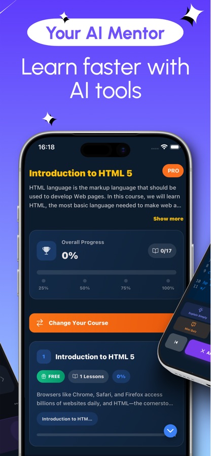 Course overview screen with an overall progress bar and the first lesson marked free