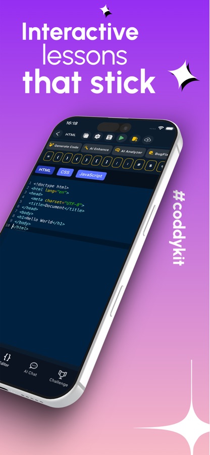 Code editor with HTML, CSS and JavaScript tabs showing a basic HTML document