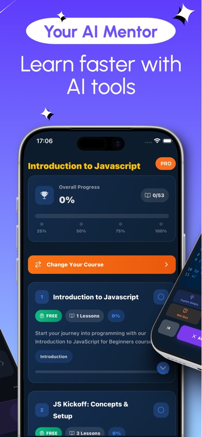 Introduction to JavaScript -kurssinäkymä, jossa näkyvät kokonaisedistyminen ja maksuttomat oppitunnit AI-työkalupaneelin vieressä