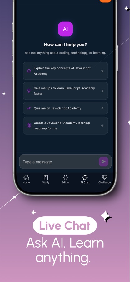 AI-chat-näkymä, joka tarjoaa käsitteiden selittämistä, vinkkejä, tietovisoja ja oppimispolun luomista