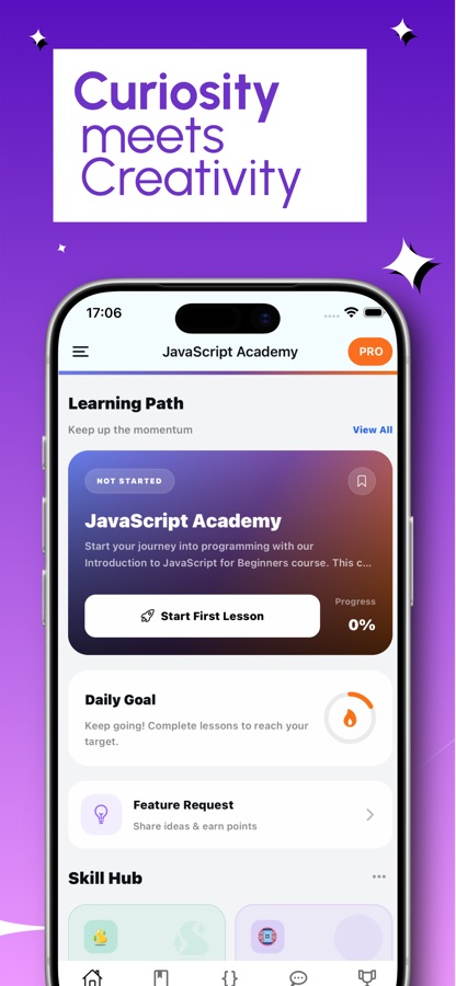 Vaalean teeman aloitusnäyttö, jossa näkyvät oppimispolku, päivittäinen tavoite ja Skill Hub