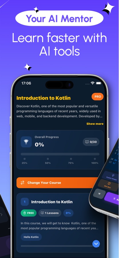 Introduction to Kotlin course overview with overall progress at 0 of 30 and a first lesson marked free
