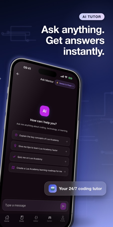 Ask Mentor -keskustelu kysyy How can I help you, ja tarjoaa kehotteita Luan keskeisten käsitteiden selittämiseen, vinkkien antamiseen, tietovisaan ja oppimispolun luomiseen