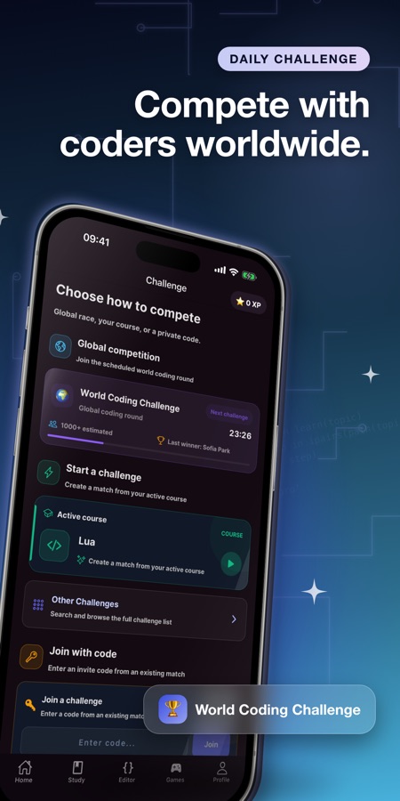 Haastenäkymä, jossa näkyvät World Coding Challengen lähtölaskenta, aktiivisen Lua-kurssin haasteen aloittaminen, Other Challenges ja Join with code