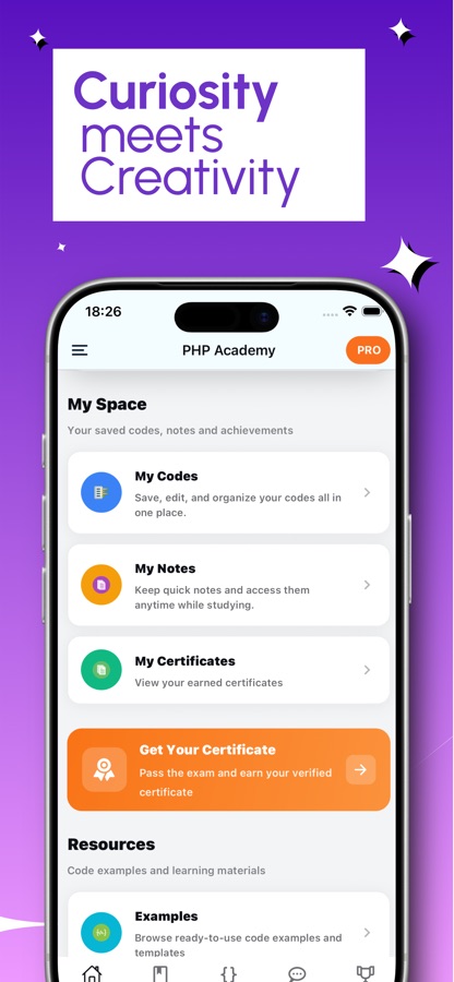 My Space -näkymä, jossa ovat My Codes, My Notes, My Certificates ja Get Your Certificate -painike