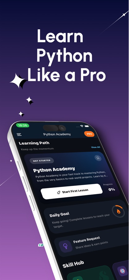 Python Academy home screen with the learning path and daily goal