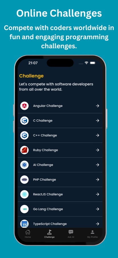 Scheda Challenge con un elenco di sfide di coding online in diversi linguaggi