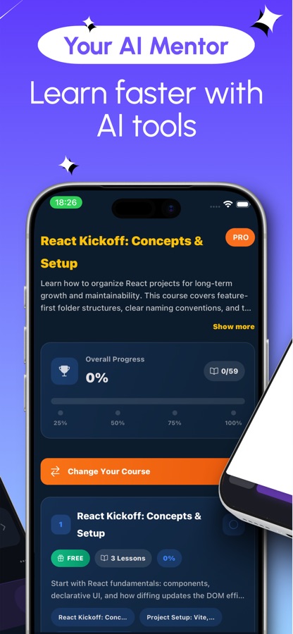 React Kickoff -kurssin yleiskatsaus, joka näyttää edistymisen ja ensimmäisen ilmaisen oppitunnin kolmesta