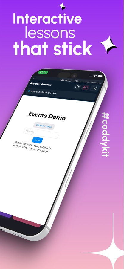 Selainesikatselu Events Demo -komponentista, jossa on klikkauslaskuri ja nimikenttä