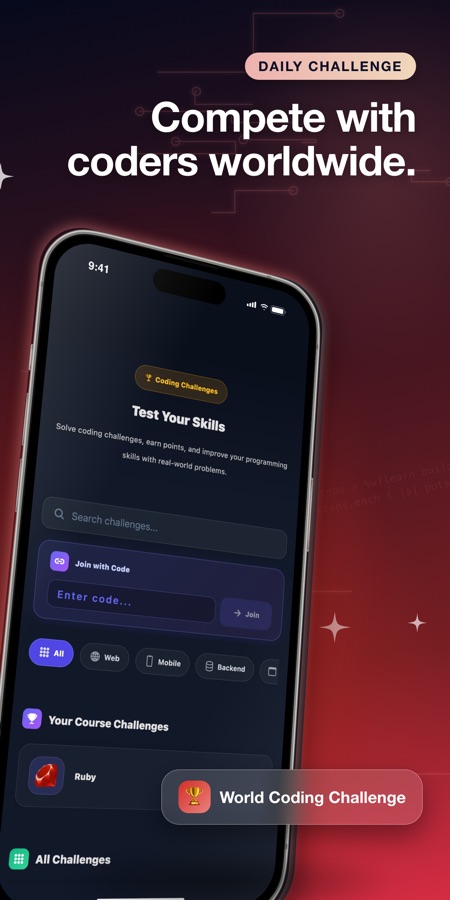 Skrin utama Learn Ruby dalam tema cerah dengan kad laluan pembelajaran, sasaran harian dan baris Feature Request