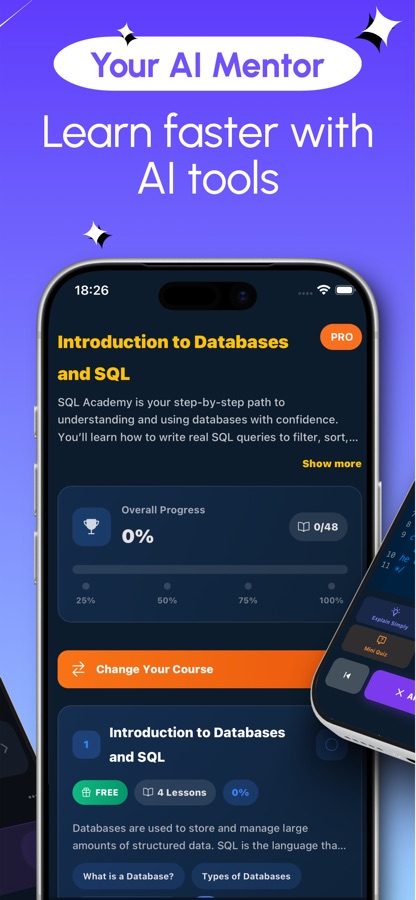Gambaran keseluruhan kursus Pengenalan kepada Pangkalan Data dan SQL dengan penjejak kemajuan serta pelajaran pertama percuma