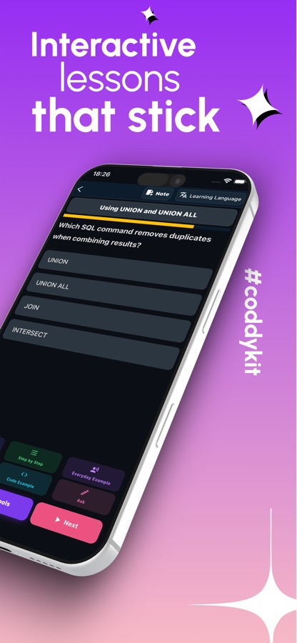 Kuiz pelajaran yang bertanya perintah SQL yang membuang pendua apabila menggabungkan hasil