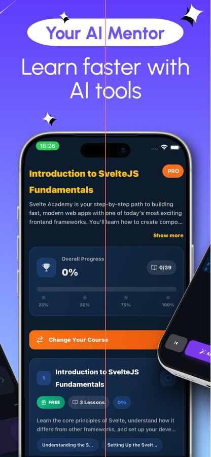 Introduction to SvelteJS Fundamentals course overview with a progress bar, a free first lesson group and a Change Your Course button