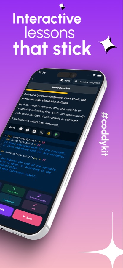 Lezione su Swift che spiega l’inferenza dei tipi con codice di esempio con let e var e un pulsante per eseguirlo