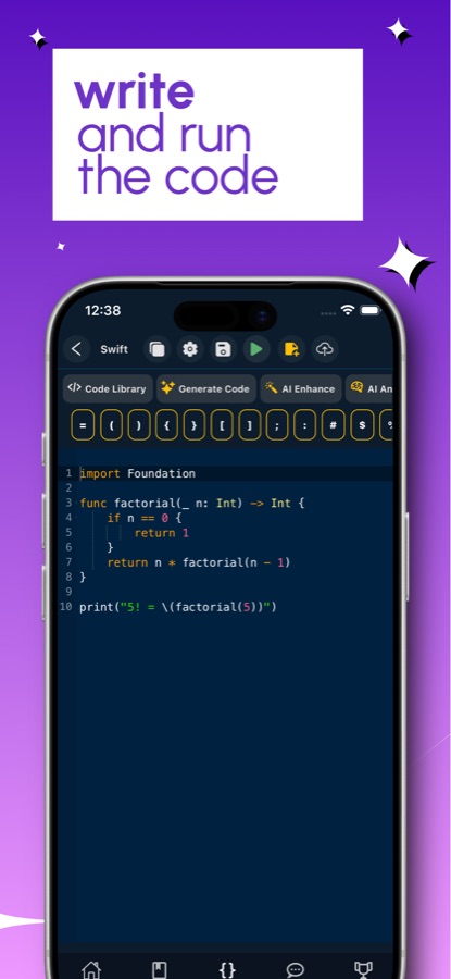 Editor di codice con una funzione fattoriale in Swift e pulsanti per gli strumenti IA