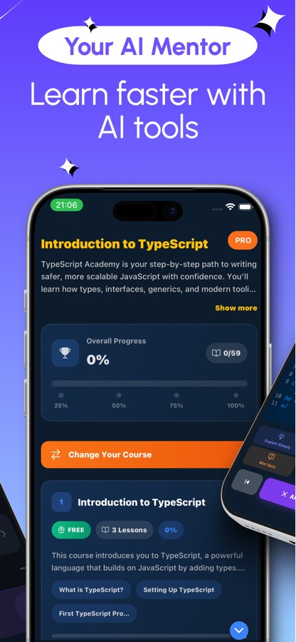 Introduction to TypeScript course page with overall progress and the first lesson marked free