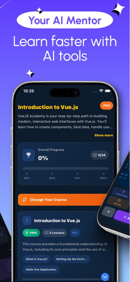 Introduction to Vue.js course page with overall progress, 36 lessons and a free first course