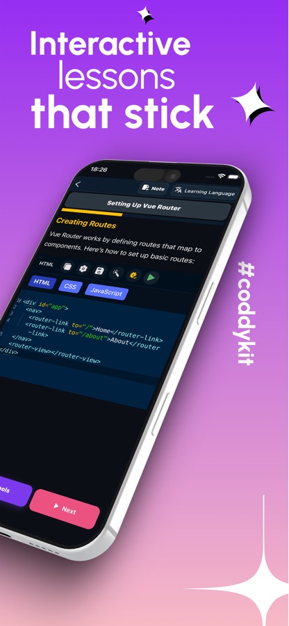 Setting Up Vue Router lesson with a router-link and router-view example in the code editor