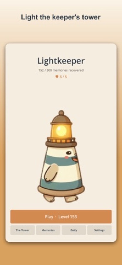 Lightkeeper-Startbildschirm mit der Figur des Leuchtturmwärters, einer Schaltfläche „Spielen“ und Menüschaltflächen