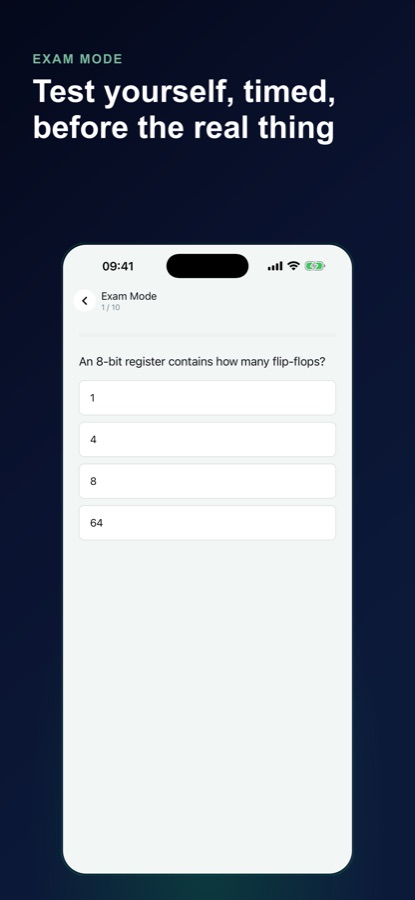 Logic Gates Lab Exam Mode screen showing question 1 of 10, asking how many flip-flops an 8-bit register contains, with answer choices 1, 4, 8 and 64